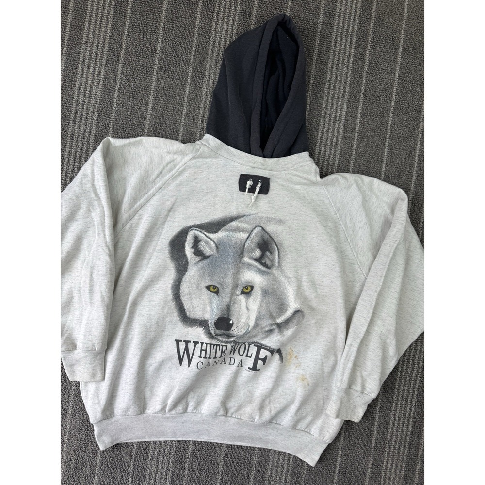Vtg Nature Sweater Mens Medium Gray Wolf Canada 80s Hoodie Layered 2‎ Toned